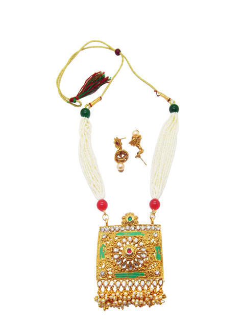 

FEMMIBELLA Gold-Plated Red & White Kundan-Studded & Beaded Handcrafted Jewellery Set
