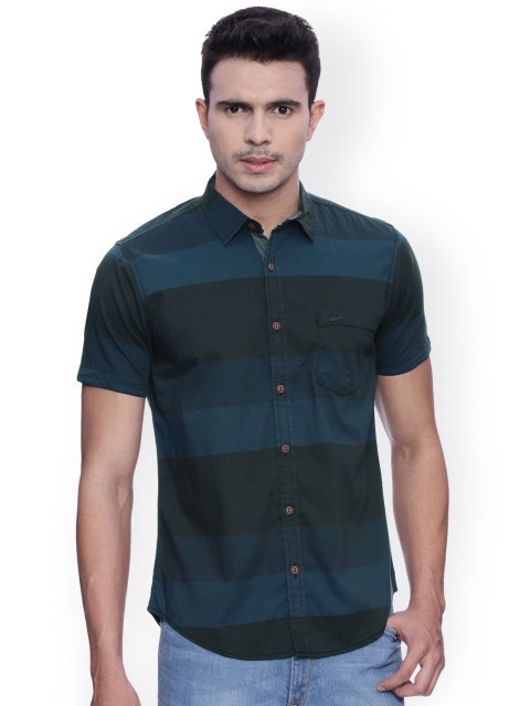 

Crocodile Men Black & Navy Blue Slim Fit Striped Casual Shirt