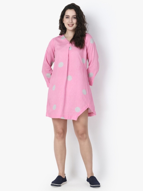 

Again fashions Women Pink & Grey printed Cotton A-Line Dress
