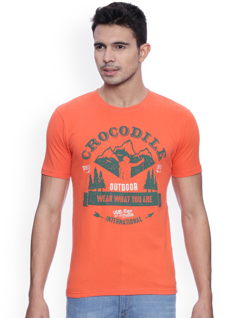 

Crocodile Men Orange Printed Slim Fit Round Neck T-shirt