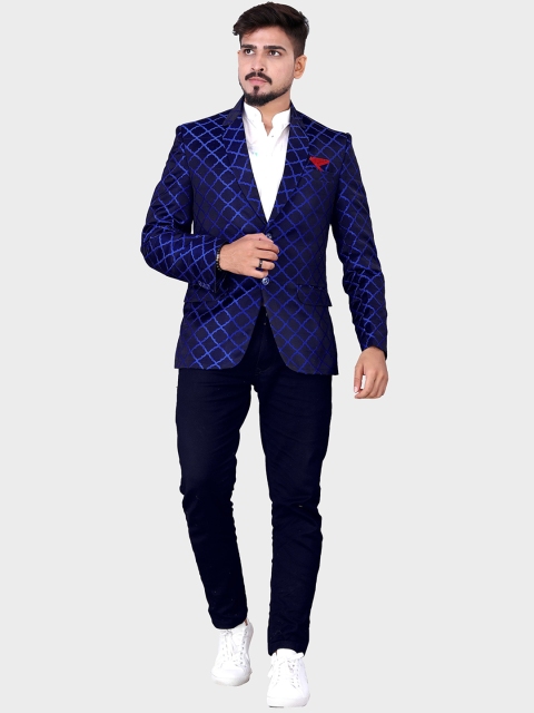 

amzira Men Navy Blue Self Design Single Breasted Blazer