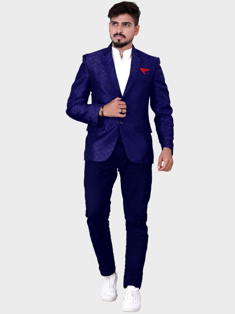 

Amzira Men Navy Blue Self Design Slim-Fit Single Breasted Ethnic Blazer, Black