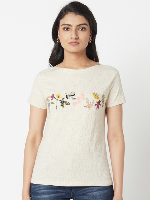 

Miss Grace Women Off White Floral Printed T-shirt