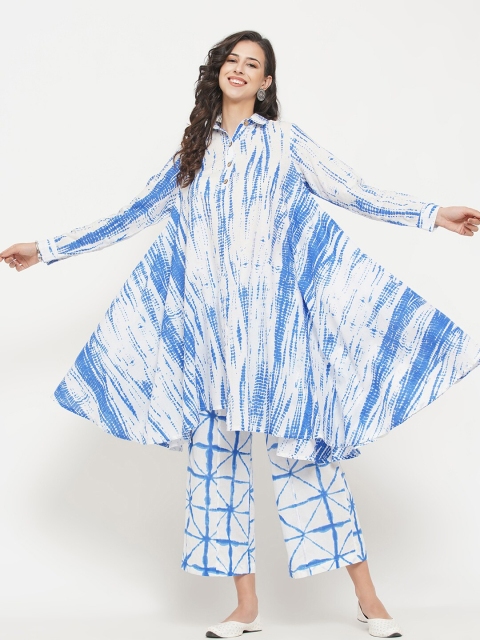 

FABNEST Women Blue Printed Empire Pure Cotton Kurti with Trousers