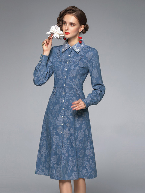 

JC Collection Women Blue Floral Shirt Long Cuffed Sleeves Dress