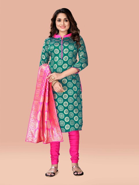 

Fashion FRICKS Green & Pink Printed Unstitched Dress Material