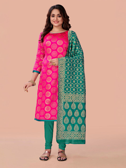 

Fashion FRICKS Women Pink & Green Unstitched Dress Material