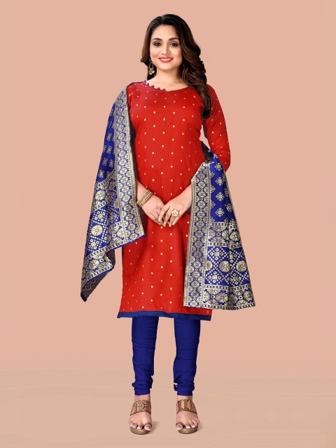 

Fashion FRICKS Red & Navy Blue Woven Design Unstitched Dress Material