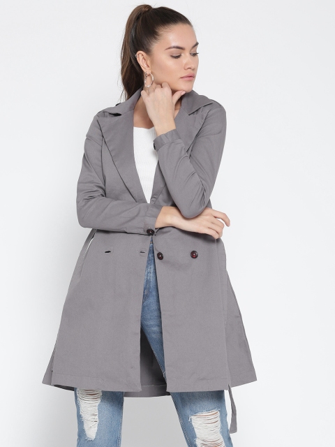 

Style Quotient Women Grey Solid Double-Breasted Longline Duster Jacket