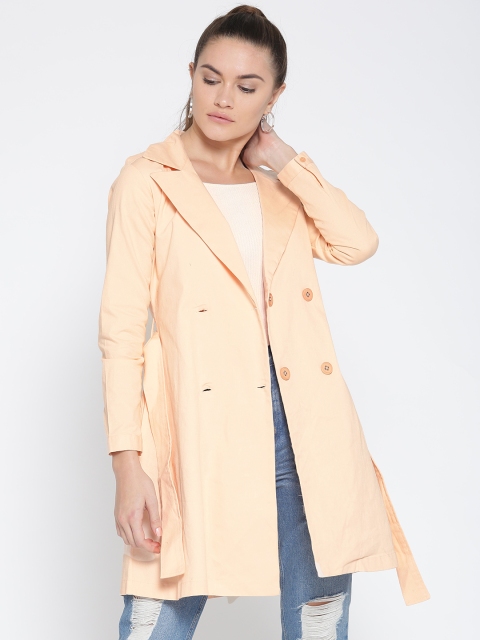 

Style Quotient Women Peach-Coloured Solid Double-Breasted Longline Duster Jacket