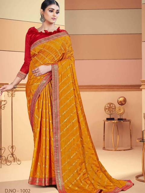 

TEREZA Mustard Yellow & Red Leheriya Silk Blend Leheriya Saree