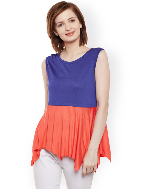 

Belle Fille Women Blue & Orange Colourblocked Pure Cotton Top