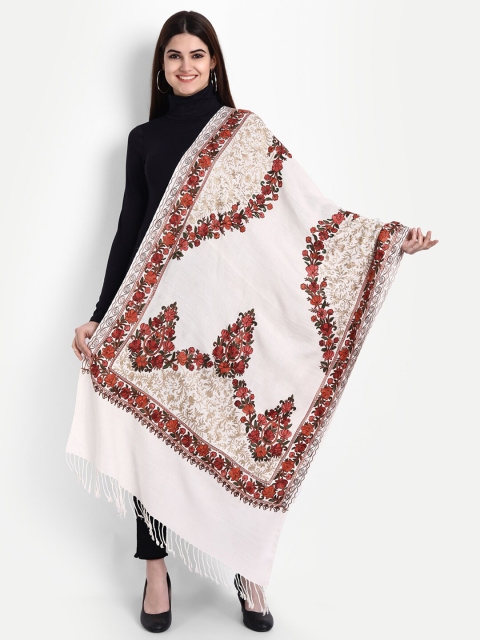 

Zamour Women White & Red Embroidered Stole