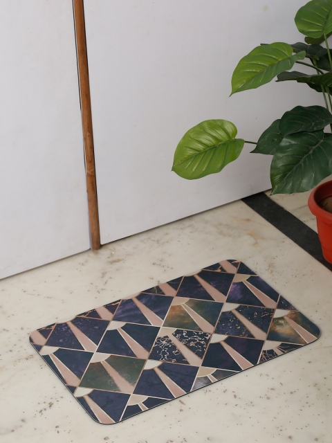 

HOSTA HOMES Blue & Beige Colored Abstract Printed Anti-Skid Doormats