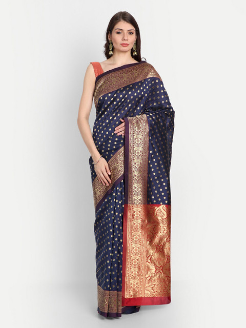 

RIVAMA Women Blue & Red Zari Silk Cotton Saree