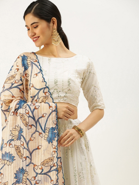 

LOOKNBOOK ART White & Blue Printed Semi-Stitched Lehenga & Unstitched Blouse With Dupatta