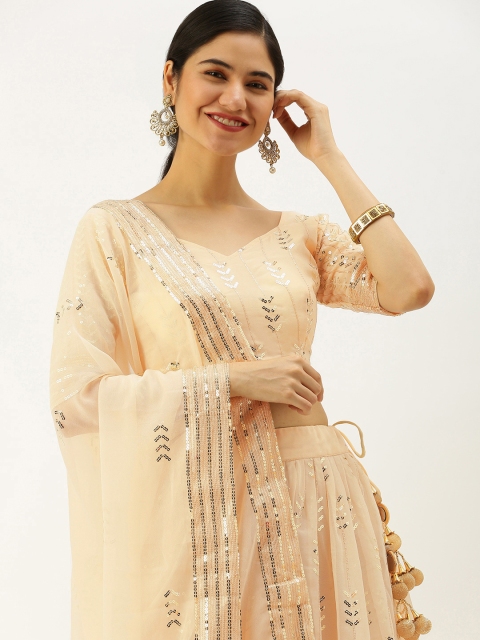 

LOOKNBOOK ART Cream-Coloured Embellished Sequinned Semi-Stitched Lehenga & Unstitched Blouse With Dupatta