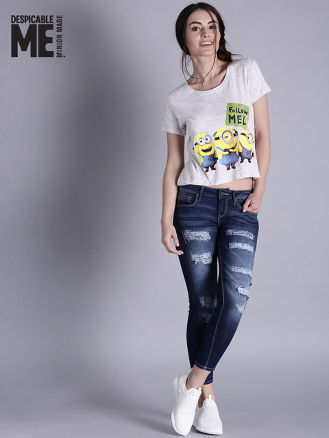 

Minions by Kook N Keech Women Grey Printed Round Neck Crop T-shirt