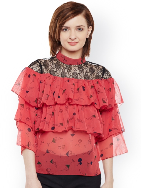 

Belle Fille Women Coral Red Printed Tiered Top