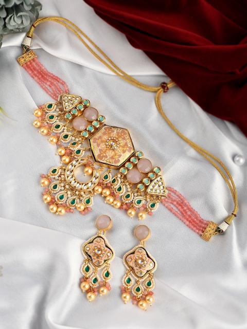 

DASTOOR Women Gold-Plated Pink & Green Kundan Studded Polki Jewelry Set