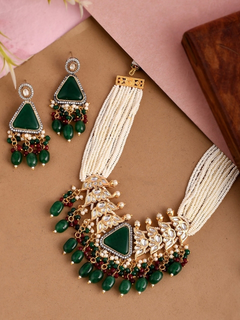 

DASTOOR 24K Gold-Plated Green Kundan-Studded & Beaded Jewellery Set