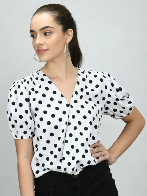 

Retrobelaa Women White & Black Polka Dot Print Wrap Top