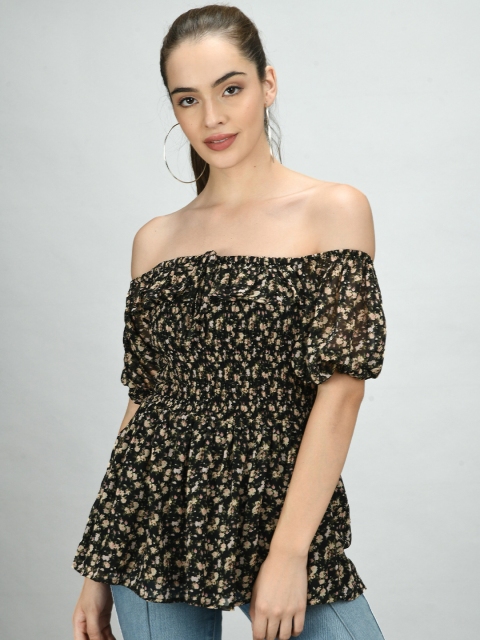 

Retrobelaa Multicoloured Floral Print Off-Shoulder Smocked Bardot Top, Multi