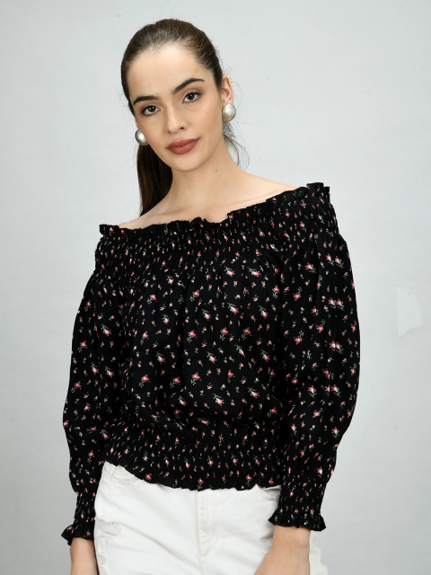 

Retrobelaa Black Floral Print Off-Shoulder Bohemian Bardot Top