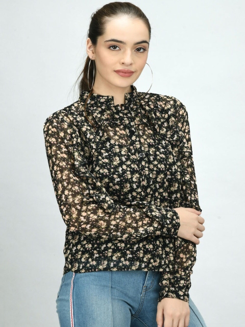 

Retrobelaa Black & Beige Floral Print Mandarin Collar Top