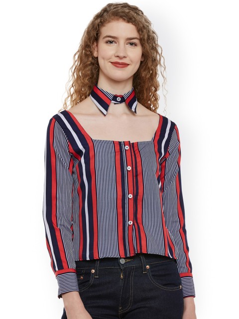 

Belle Fille Women Blue & Red Striped Shirt Style Top