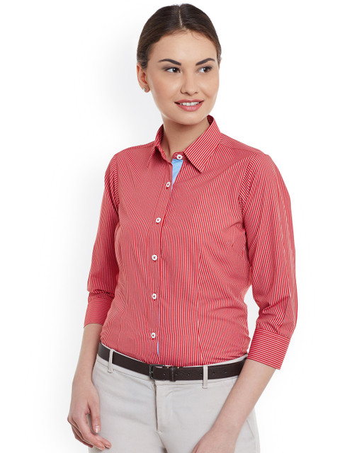 

Dazzio Women Red & White Slim Fit Striped Casual Shirt