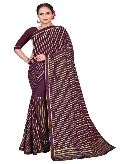 

STAOVIN Magenta & Gold-Toned Woven Design Sequinned Heavy Work Saree