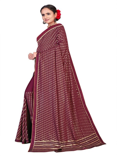 

STAOVIN Maroon & Gold-Toned Ethnic Motifs Sequinned Heavy Work Saree