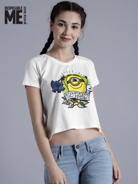 

Minions by Kook N Keech Women Off-White Printed Round Neck Crop T-shirt