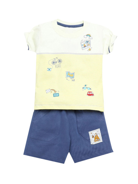 

Hopscotch Boys Pure Cotton Yellow & White Printed T-shirt with Shorts