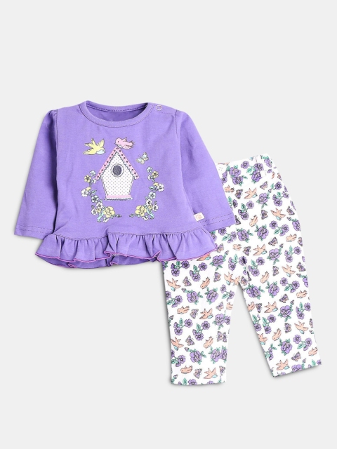 

Hopscotch Girls Violet & Off White Pure Cotton Printed T-shirt with Pyjamas
