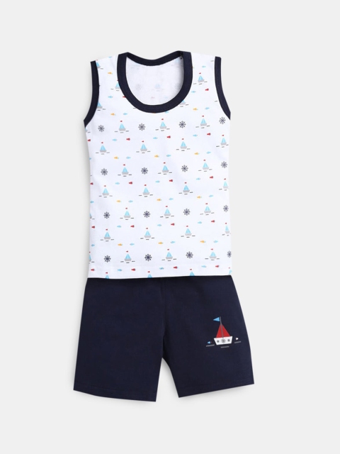 

Hopscotch Boys Navy Blue & White Pure Cotton Printed Top with Shorts