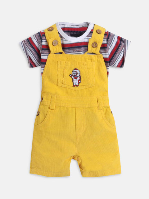 

Hopscotch Boys Yellow & Red Striped Pure Cotton T-shirt with Shorts