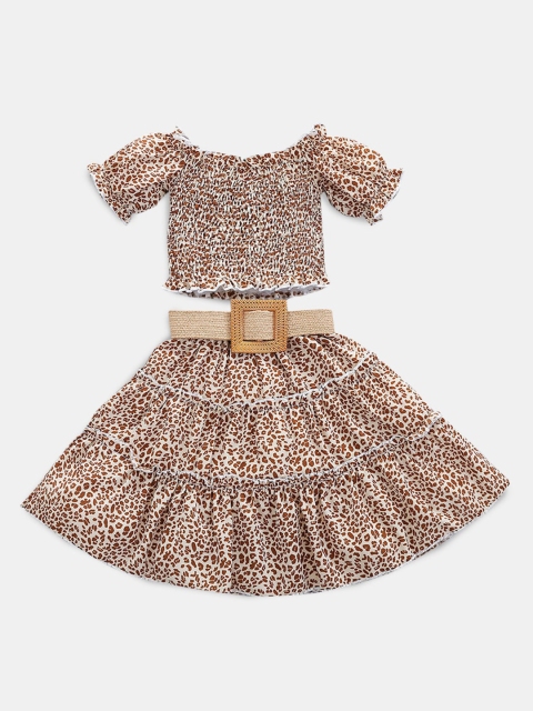 

Hopscotch Girls Brown Printed Top & Skirt Comes With a Belt