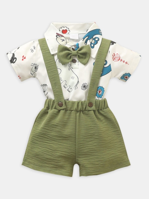 

Hopscotch Boys Off White & Olive Green Printed Shirt with Shorts Clothing set