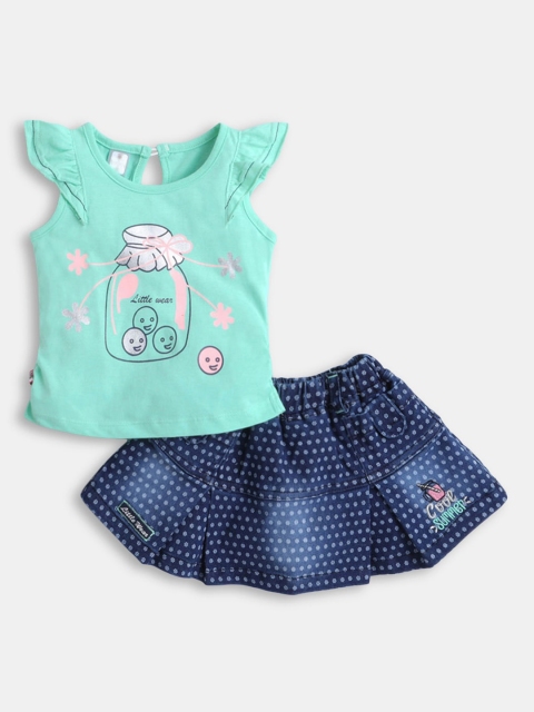 

Hopscotch Girls Blue & Pink Printed T-shirt with Skirt Clothing set