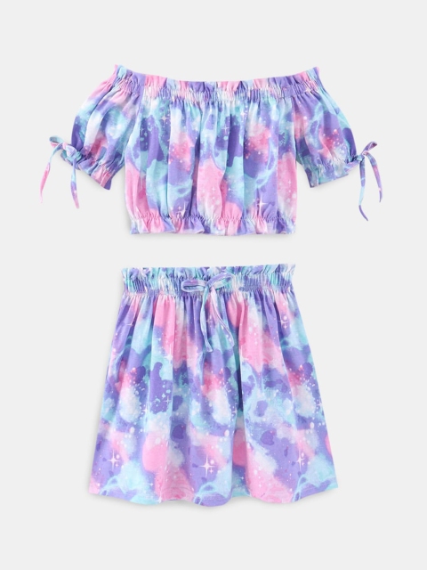 

Hopscotch Girls Pink & Purple Printed Top with Skirt Clothing set