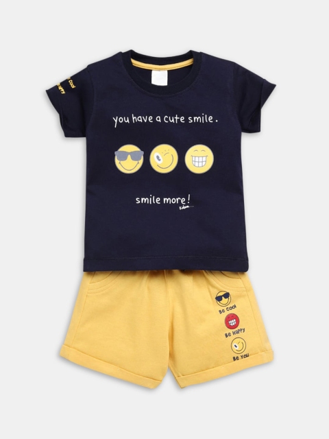 

Hopscotch Boys Navy Blue & Yellow Printed Pure Cotton T-shirt with Shorts