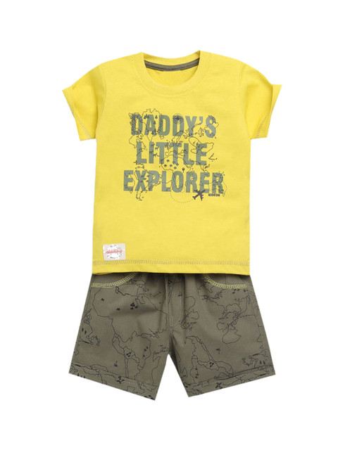 

Hopscotch Boys Yellow & Grey Printed Pure Cotton T-shirt with Shorts