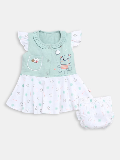 

Hopscotch Girls Green & Off White Printed Pure Cotton Top with Shorts