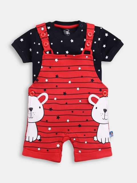 

Hopscotch Boys Red & Black Printed Pure Cotton T-shirt with Dungaree
