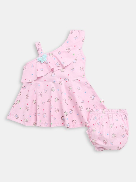 

Hopscotch Girls Pink & Blue Printed Cotton One Shoulder Dress with Bloomer