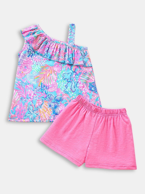 

Hopscotch Girls Pink & Blue Printed Top with Shorts