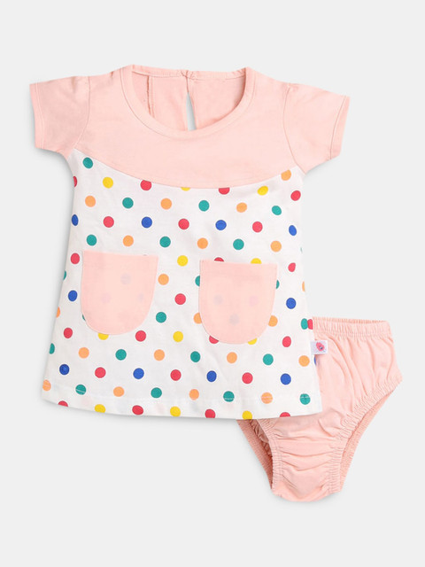 

Hopscotch Girls Peach-Coloured & Off White Cotton Printed Top with Shorts