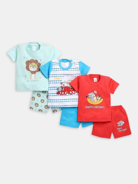 

Hopscotch Boys Set Of 3 Blue & Red Printed Pure Cotton T-shirt with Shorts